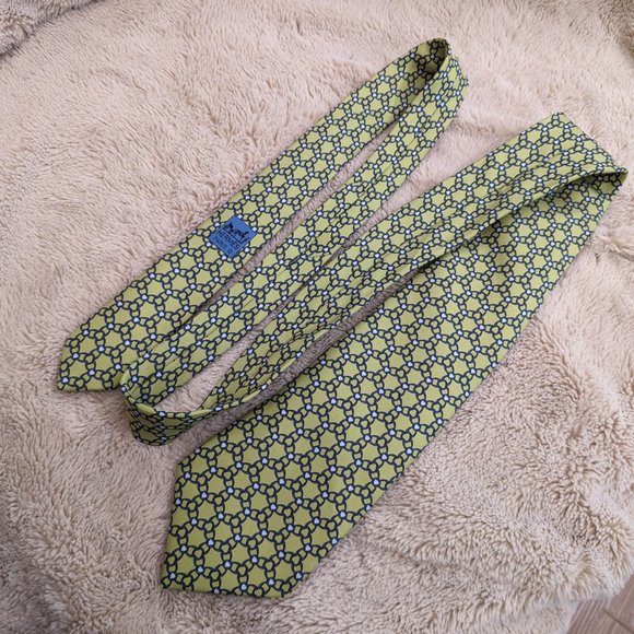 HERMÈS PARIS Equestrian Geometric Pattern Yellow Silk Tie 5339 TA - Picture 5 of 8